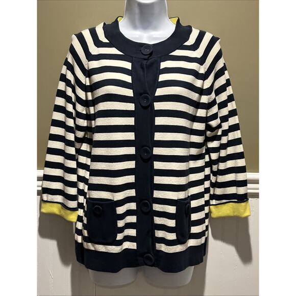 LL Bean Navy Blue White Yellow Striped Cardigan Button With Pockets L - Picture 1 of 8